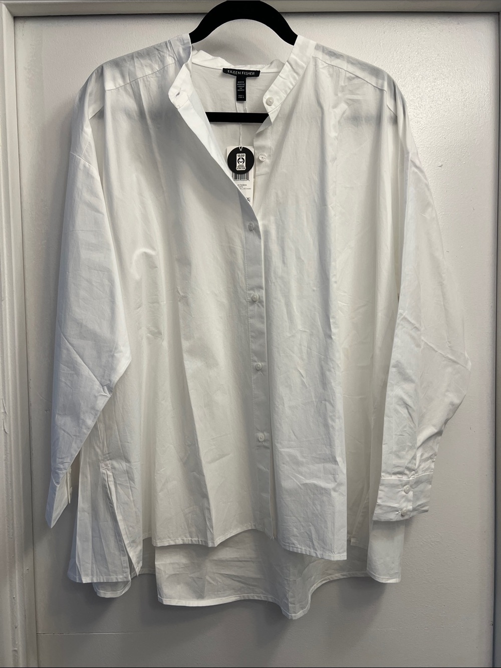 Eileen Fisher White Mandarin Collar Button-Up Shirt Size Large